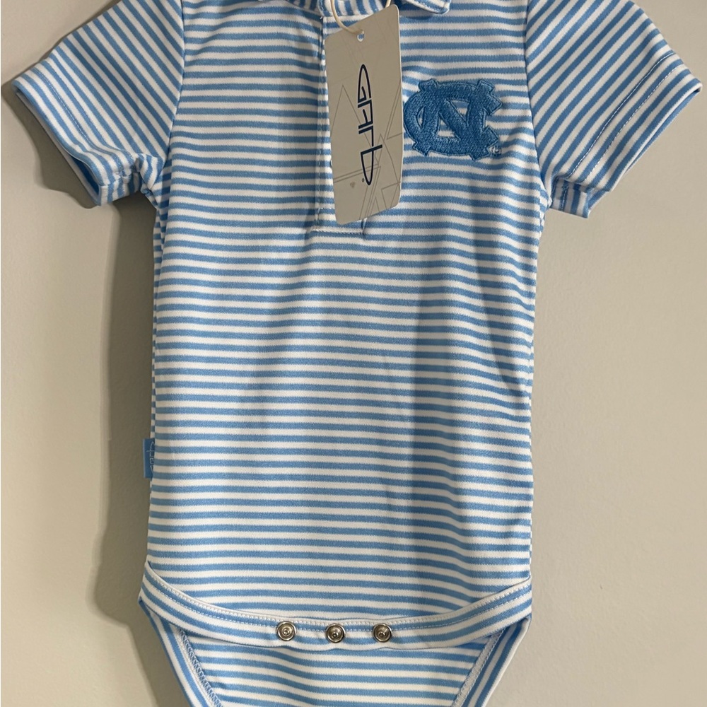 Blue and White Striped Onesie with Embroidered NC Tar Heels Logo